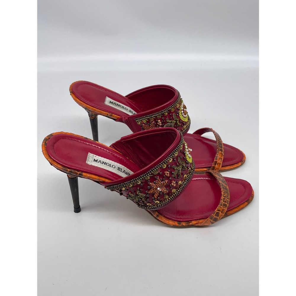 MANOLO BLAHNIK Red Orange Rapis Water Snake Beaded Sandals Heels 37.5